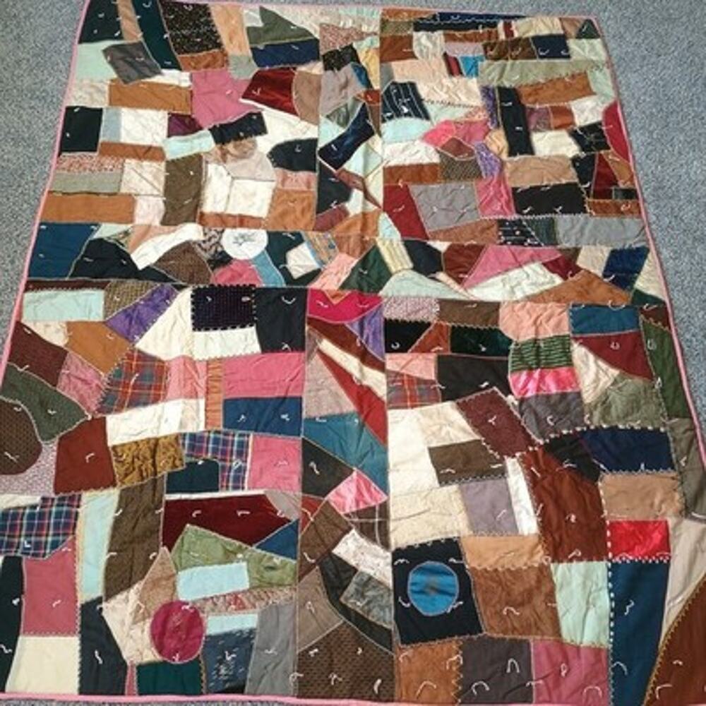 Crazy Quilt Vintage Antique Victorian Hand Sewn Knot 80x63 Paris Floral Silk
